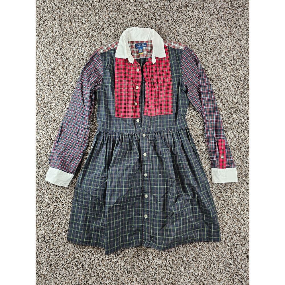 Polo Ralph Lauren girls' Sz 8 plaid mixed-motif shirtdress Long Sleeve Patchwork